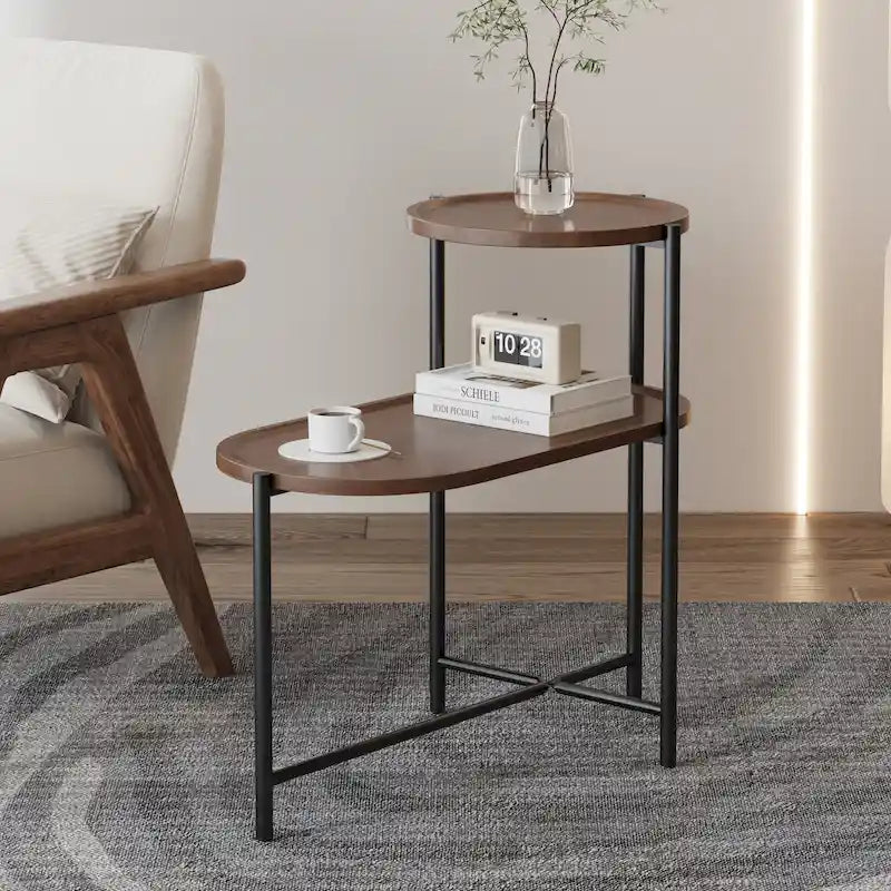 Tavolino Tondo a 2 Livelli, Nero / Marrone Noce, Struttura in Metallo + MDF, per 1