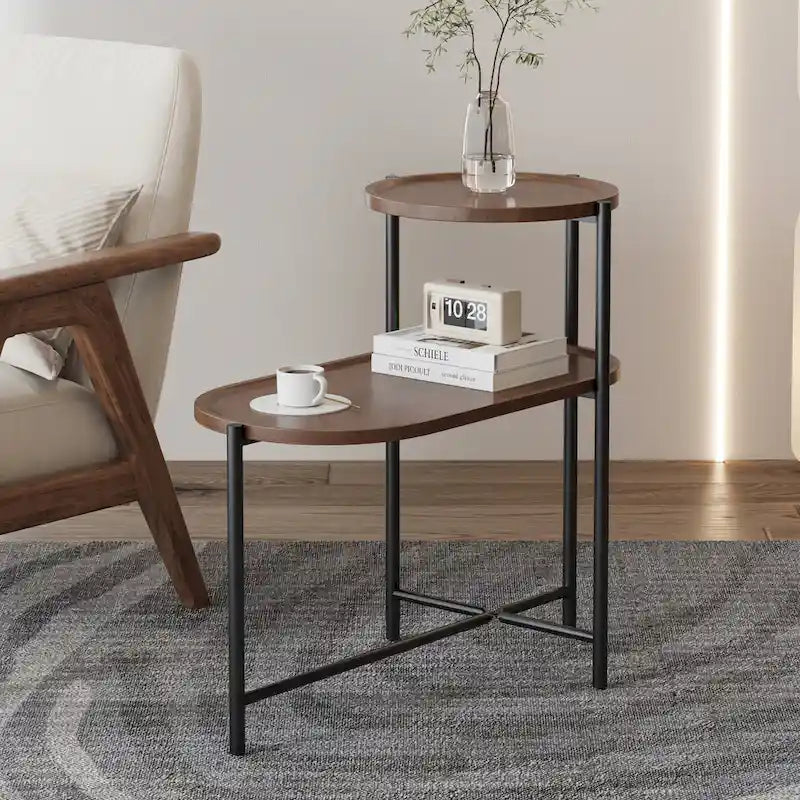 Tavolino Tondo a 2 Livelli, Nero / Marrone Noce, Struttura in Metallo + MDF, per 1
