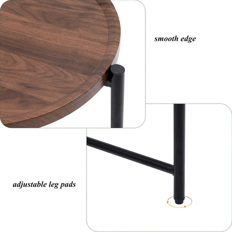 Tavolino Tondo a 2 Livelli, Nero / Marrone Noce, Struttura in Metallo + MDF, per 1