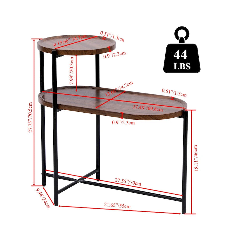 Tavolino Tondo a 2 Livelli, Nero / Marrone Noce, Struttura in Metallo + MDF, per 1