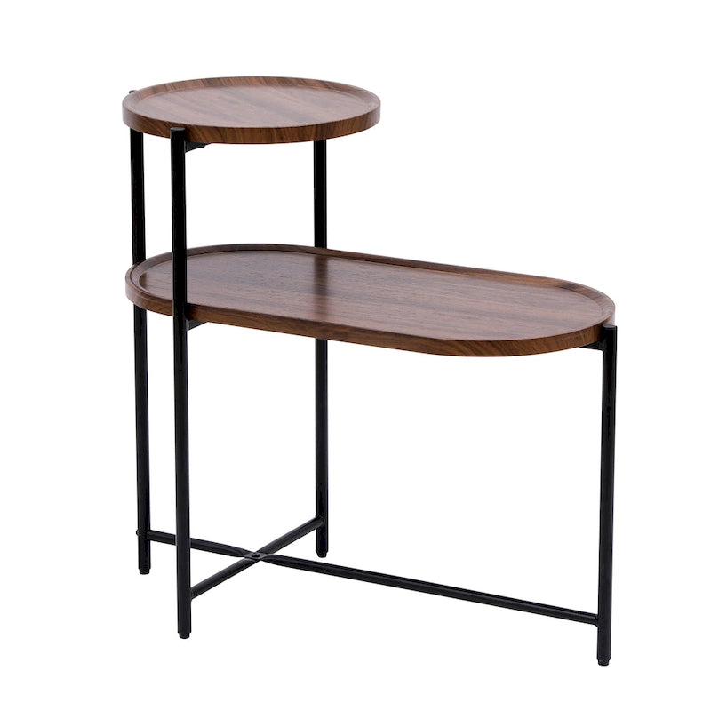 Tavolino Tondo a 2 Livelli, Nero / Marrone Noce, Struttura in Metallo + MDF, per 1