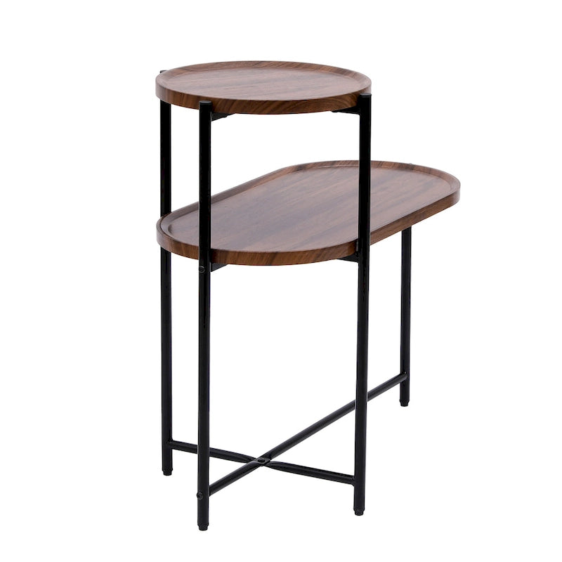 Tavolino Tondo a 2 Livelli, Nero / Marrone Noce, Struttura in Metallo + MDF, per 1