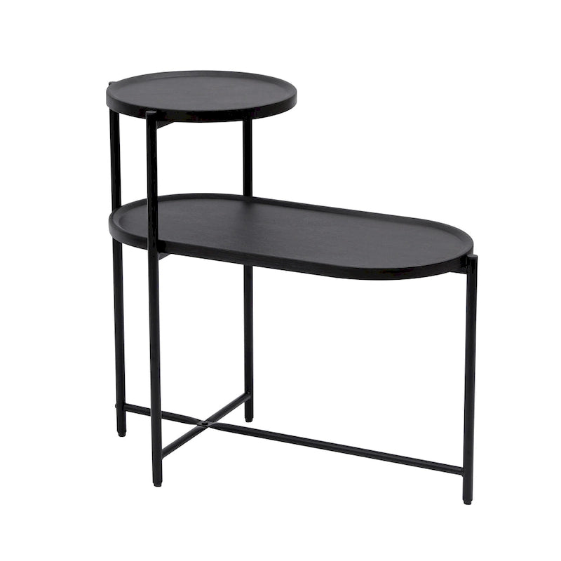 Tavolino Tondo a 2 Livelli, Nero / Marrone Noce, Struttura in Metallo + MDF, per 1
