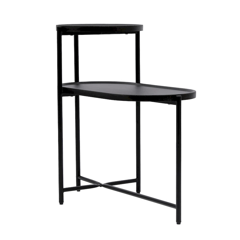 Tavolino Tondo a 2 Livelli, Nero / Marrone Noce, Struttura in Metallo + MDF, per 1