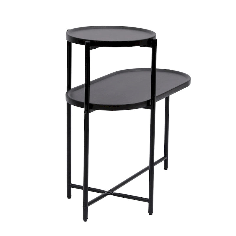 Tavolino Tondo a 2 Livelli, Nero / Marrone Noce, Struttura in Metallo + MDF, per 1