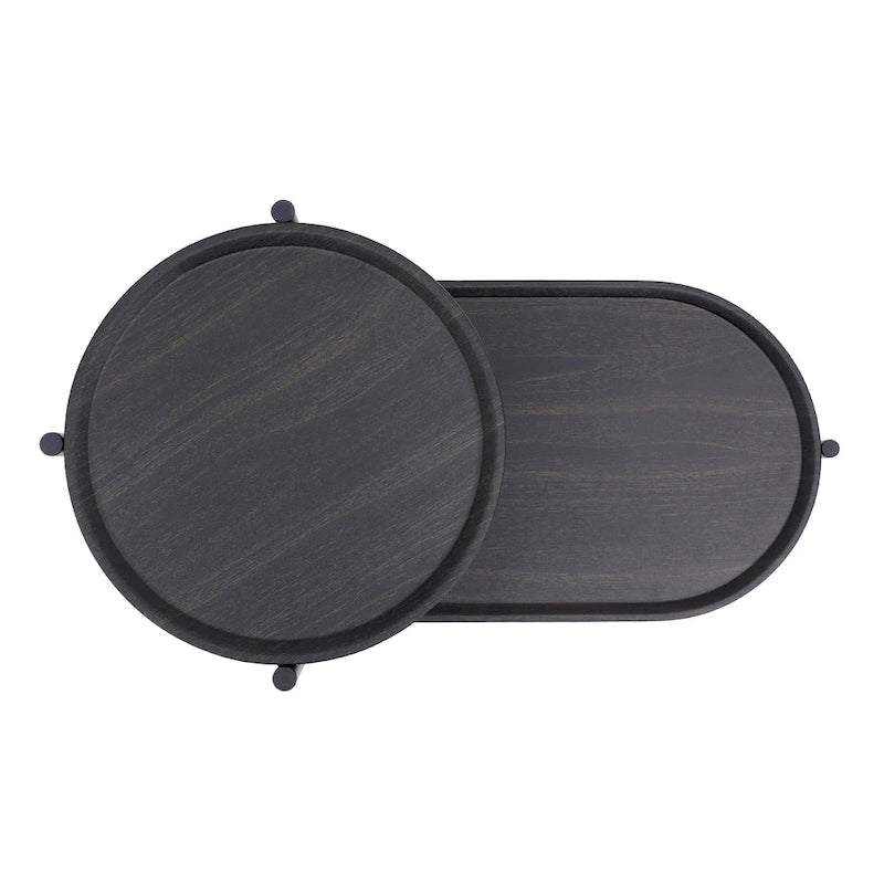 Tavolino Tondo a 2 Livelli, Nero / Marrone Noce, Struttura in Metallo + MDF, per 1