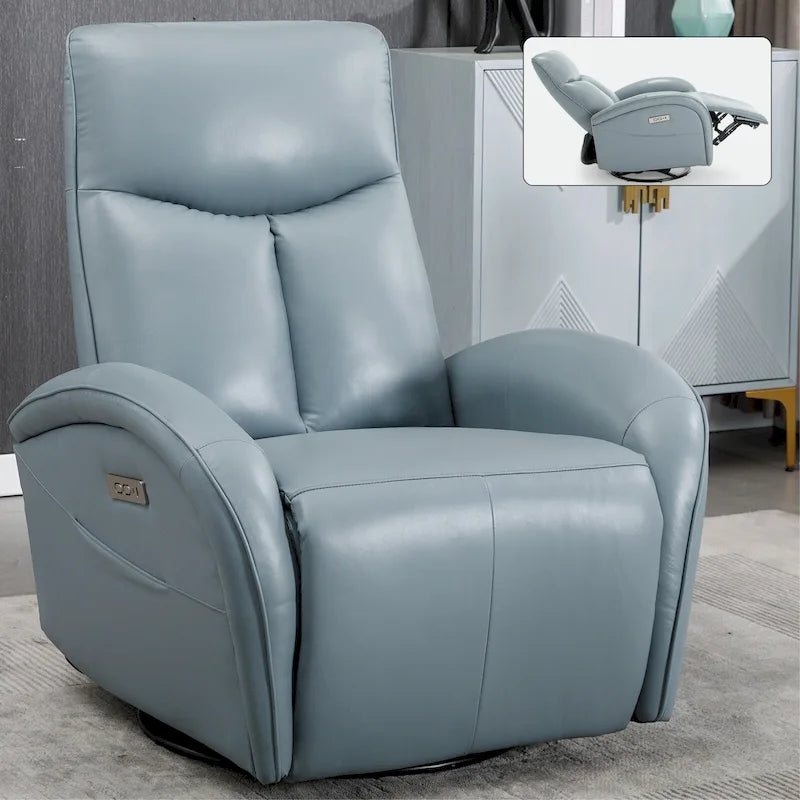 Poltrona reclinabile a dondolo girevole elettrica in similpelle marrone/blu, girevole a 270°, 1 posto