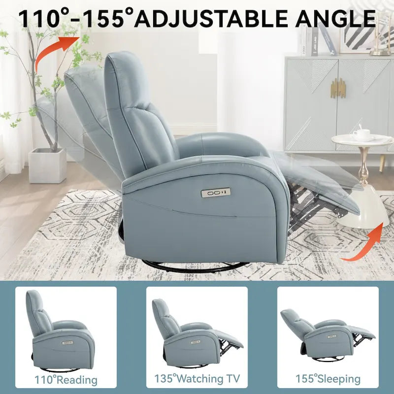 Poltrona reclinabile a dondolo girevole elettrica in similpelle marrone/blu, girevole a 270°, 1 posto