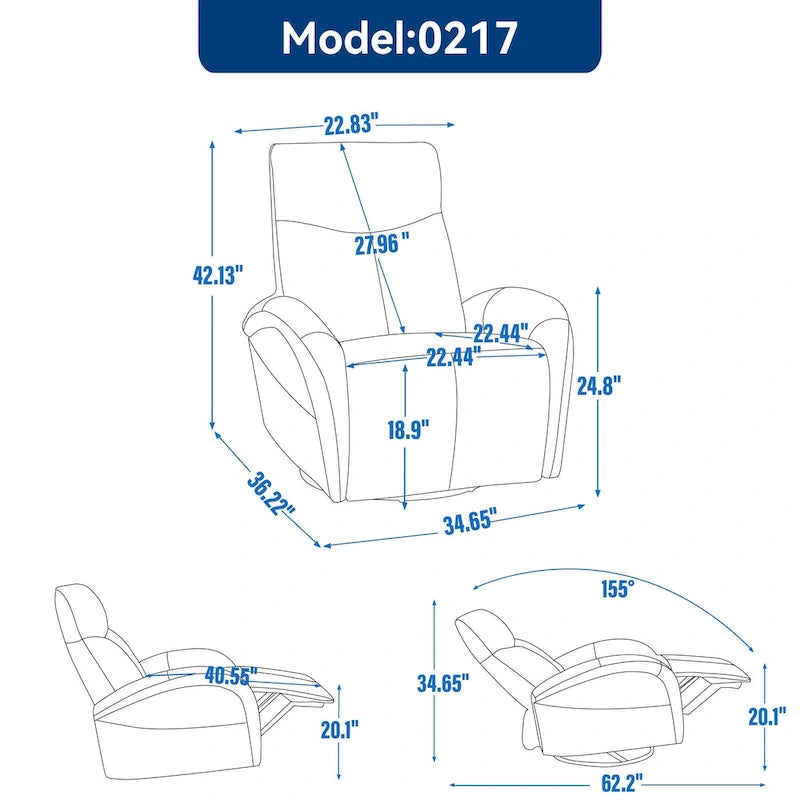 Poltrona reclinabile a dondolo girevole elettrica in similpelle marrone/blu, girevole a 270°, 1 posto