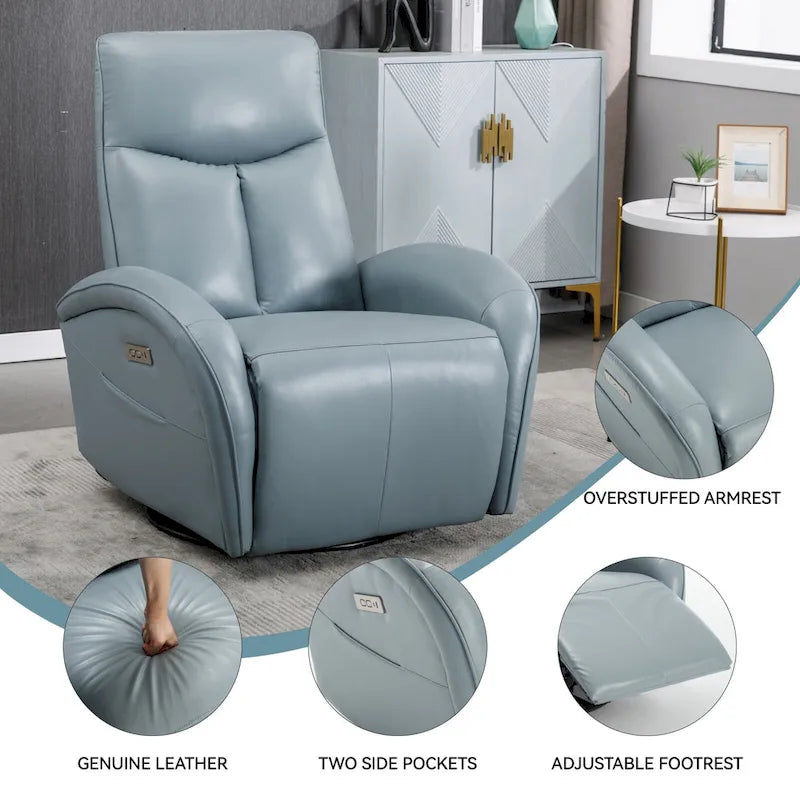 Poltrona reclinabile a dondolo girevole elettrica in similpelle marrone/blu, girevole a 270°, 1 posto