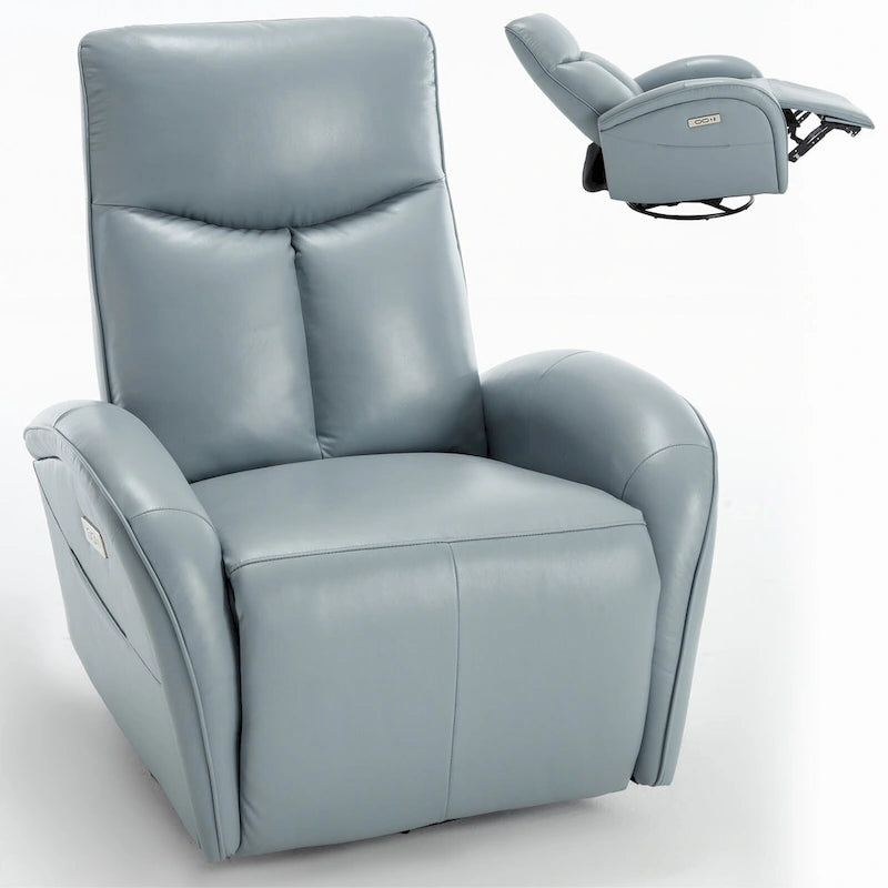 Poltrona reclinabile a dondolo girevole elettrica in similpelle marrone/blu, girevole a 270°, 1 posto