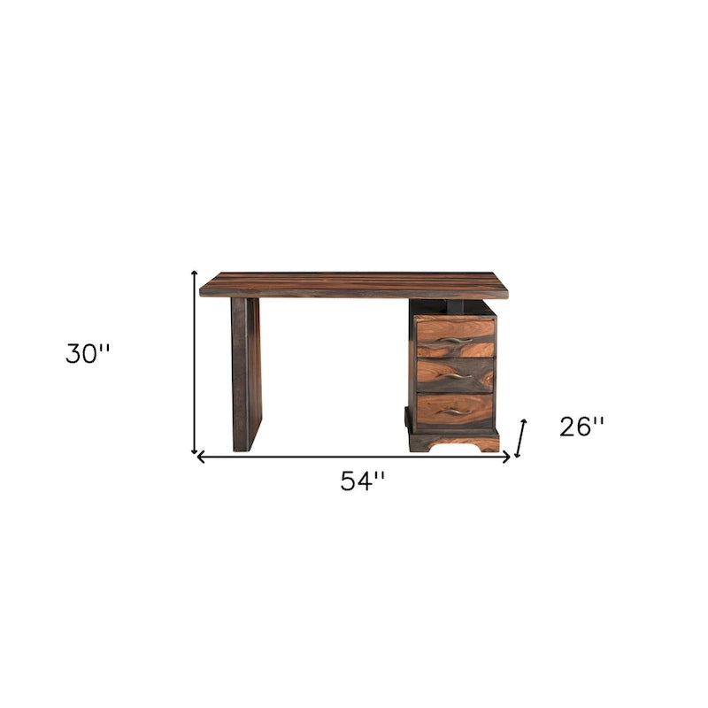 Scrivania in legno massello con bordo rustico, 3 cassetti, 54" marrone