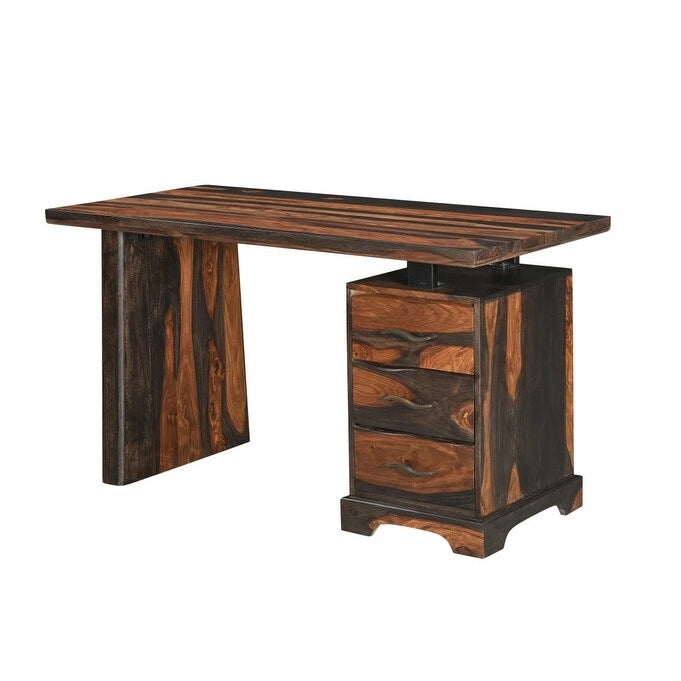 Scrivania in legno massello con bordo rustico, 3 cassetti, 54" marrone