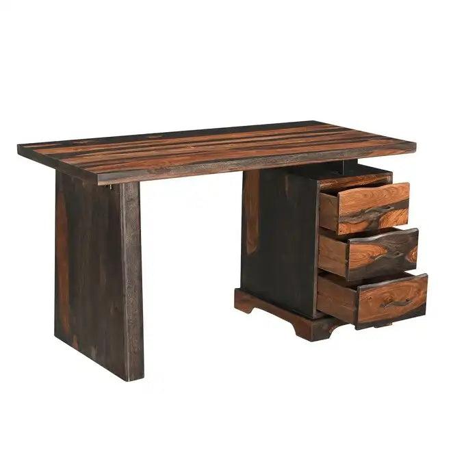 Scrivania in legno massello con bordo rustico, 3 cassetti, 54" marrone