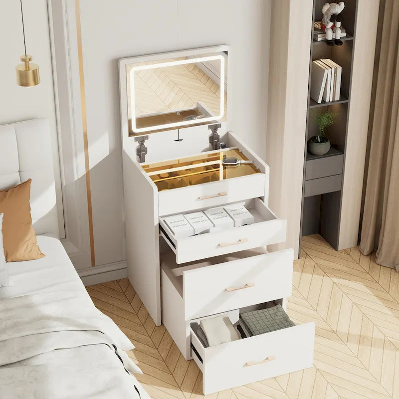 23.6  Makeup Vanity Table with Flip Top Lighted, 3 in 1 Vanity Desk with Glass, LED Light & Power Outlet, 3 Drawers