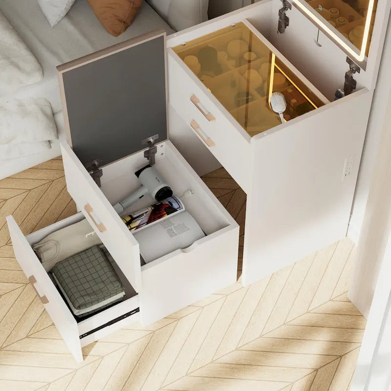 Tavolo da Trucco Bianco con Specchio Flip-Top, Luci LED e Presa di Corrente, 3 Cassetti, Piano in Vetro, 1 Posto