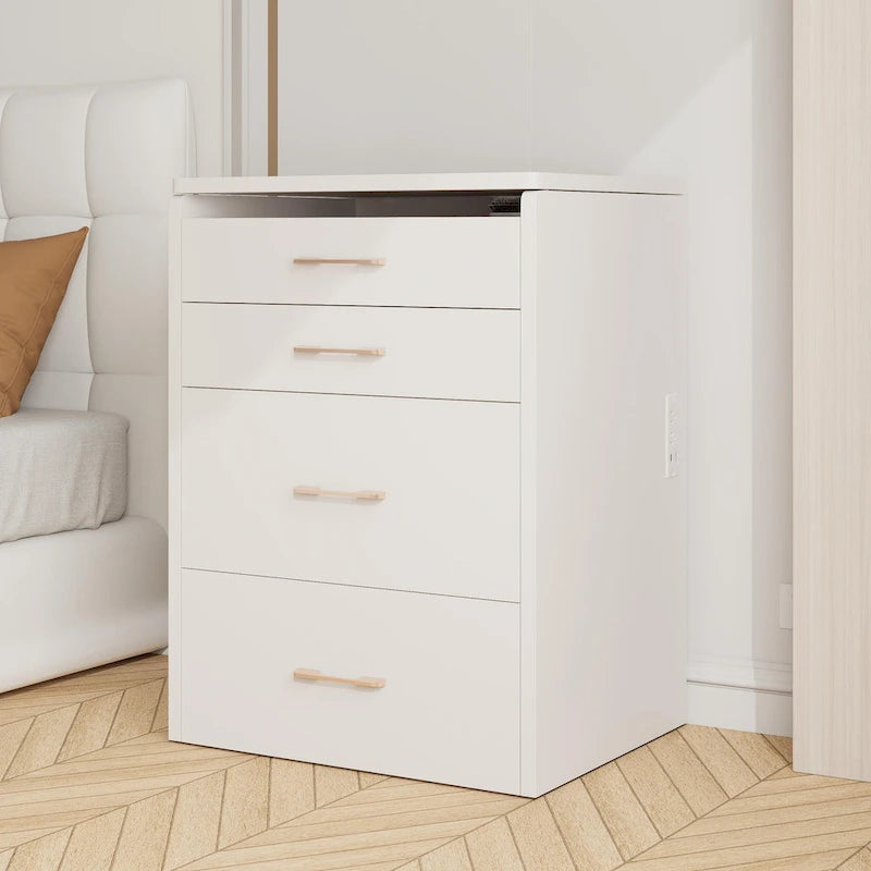 Tavolo da Trucco Bianco con Specchio Flip-Top, Luci LED e Presa di Corrente, 3 Cassetti, Piano in Vetro, 1 Posto