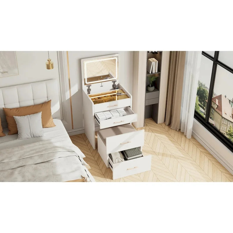 Tavolo da Trucco Bianco con Specchio Flip-Top, Luci LED e Presa di Corrente, 3 Cassetti, Piano in Vetro, 1 Posto