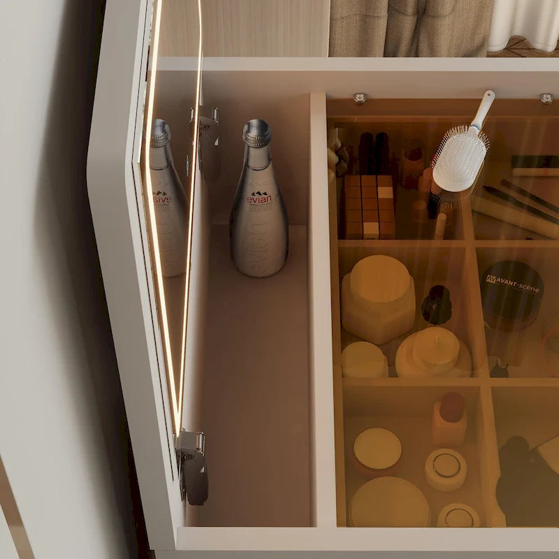 Tavolo da Trucco Bianco con Specchio Flip-Top, Luci LED e Presa di Corrente, 3 Cassetti, Piano in Vetro, 1 Posto