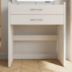 Tavolo da Trucco Bianco con Specchio Flip-Top, Luci LED e Presa di Corrente, 3 Cassetti, Piano in Vetro, 1 Posto