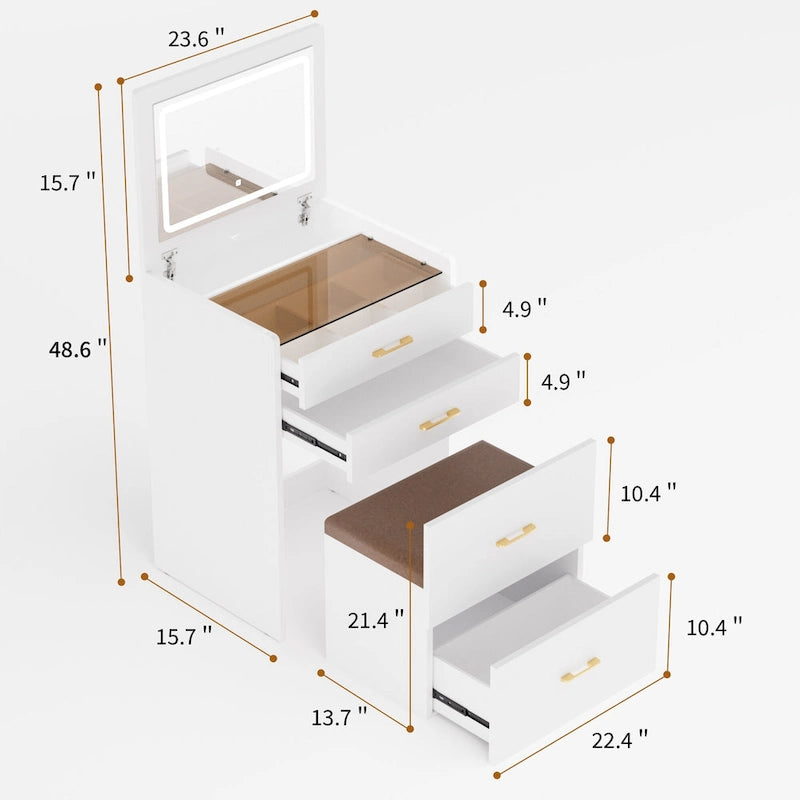 Tavolo da Trucco Bianco con Specchio Flip-Top, Luci LED e Presa di Corrente, 3 Cassetti, Piano in Vetro, 1 Posto