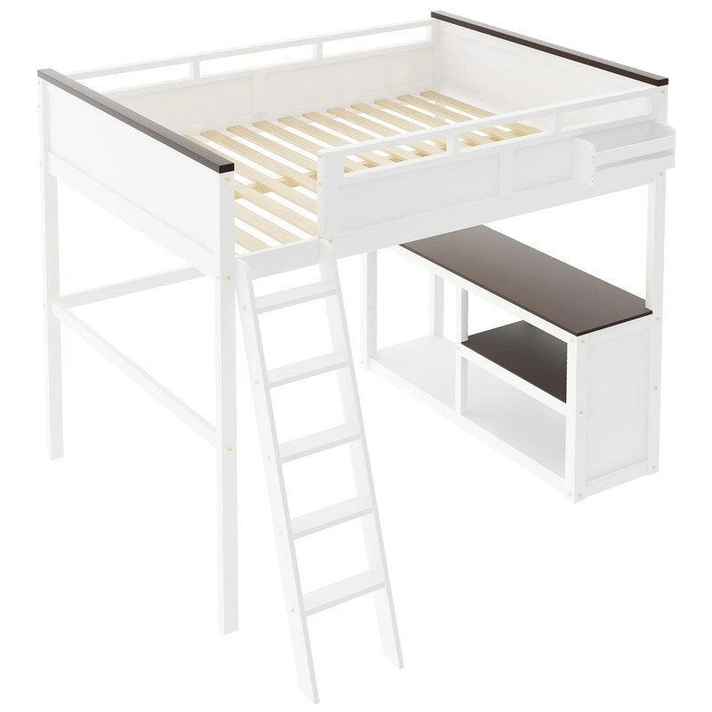 Letto a soppalco White Queen con scrivania e ripiani portaoggetti, 1 persona