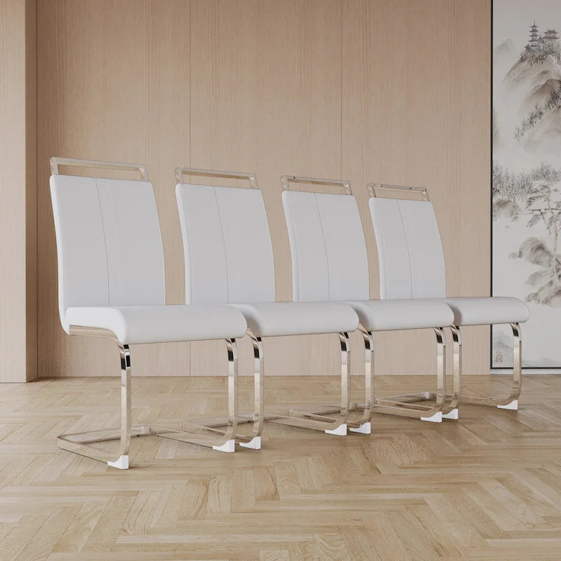 Sedie da Pranzo con Schienale Alto in Pelle Sintetica, Bianco / Nero / Grigio, con gambe a C, set da 4