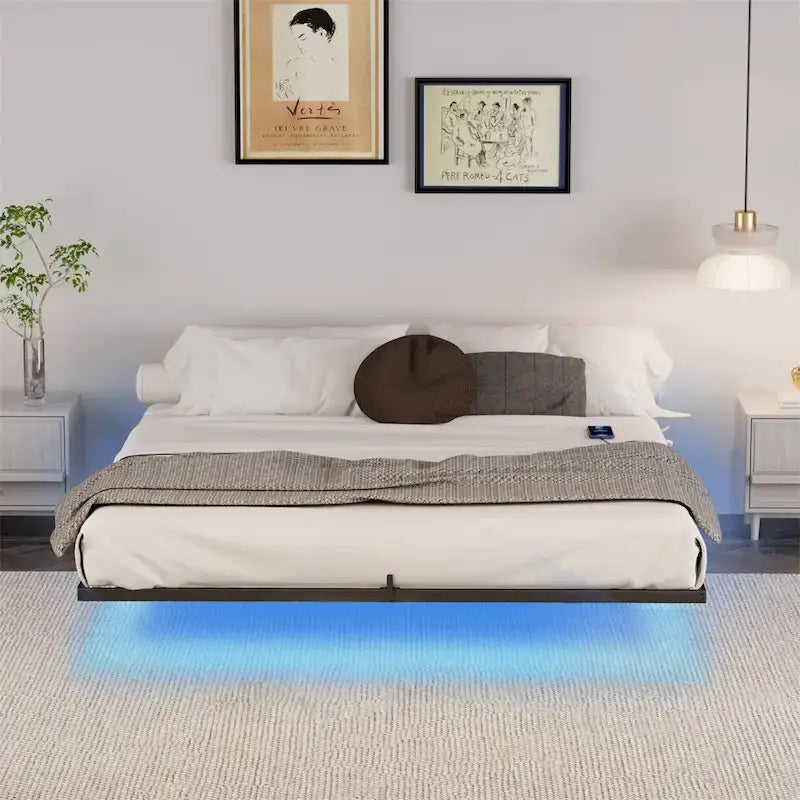 Letto matrimoniale nero flottante con luci LED e ricarica USB, per 2 persone