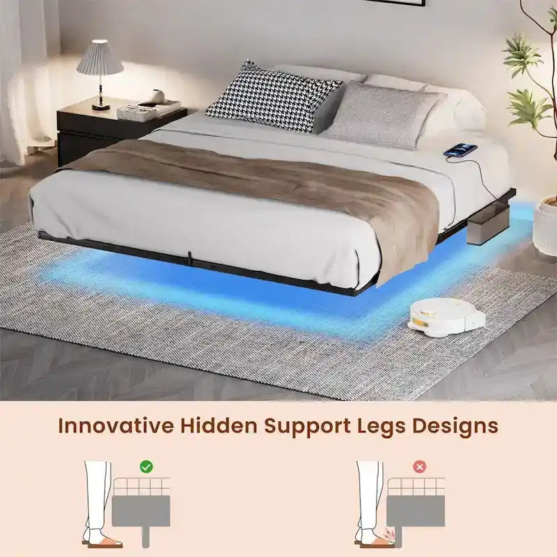 Letto matrimoniale nero flottante con luci LED e ricarica USB, per 2 persone