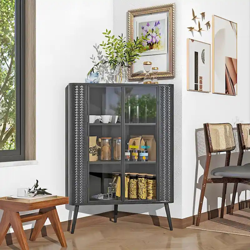 Credenza angolare a 3 ripiani Antique Black, struttura in metallo e ante in vetro, singola
