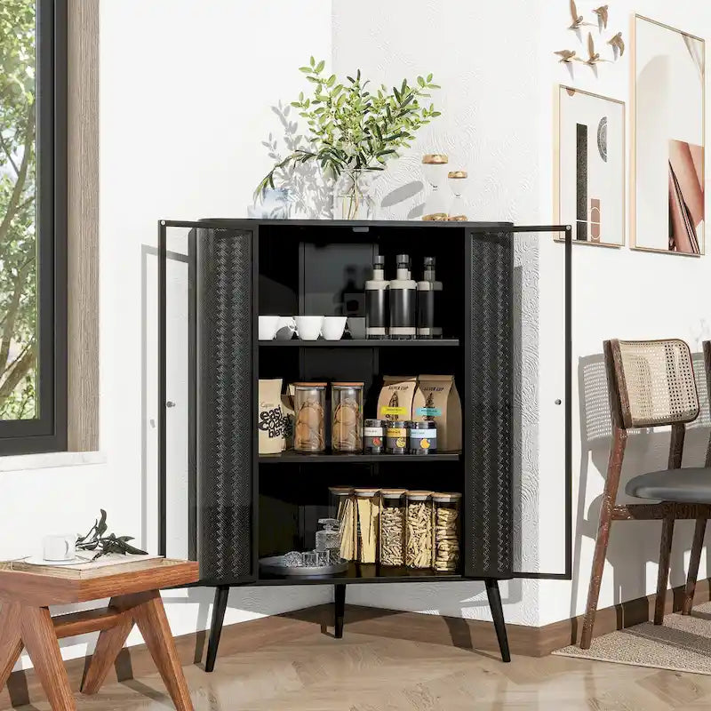 Credenza angolare a 3 ripiani Antique Black, struttura in metallo e ante in vetro, singola