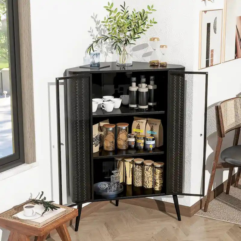 Credenza angolare a 3 ripiani Antique Black, struttura in metallo e ante in vetro, singola