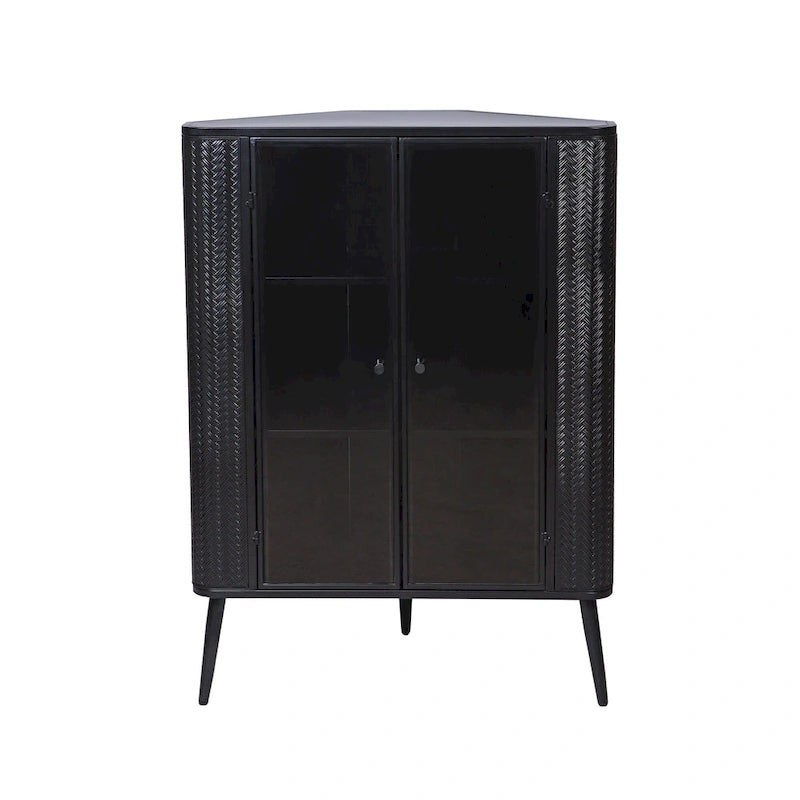 Credenza angolare a 3 ripiani Antique Black, struttura in metallo e ante in vetro, singola
