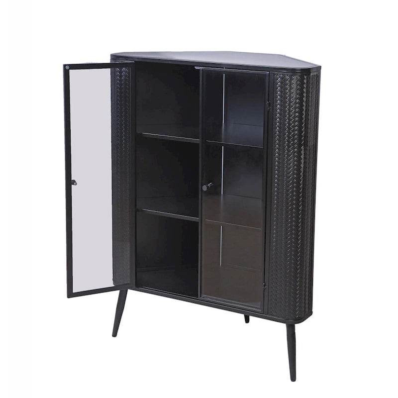 Credenza angolare a 3 ripiani Antique Black, struttura in metallo e ante in vetro, singola