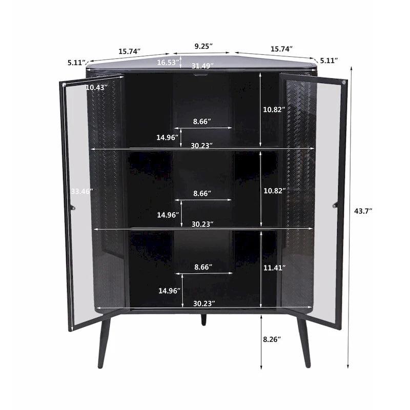 Credenza angolare a 3 ripiani Antique Black, struttura in metallo e ante in vetro, singola