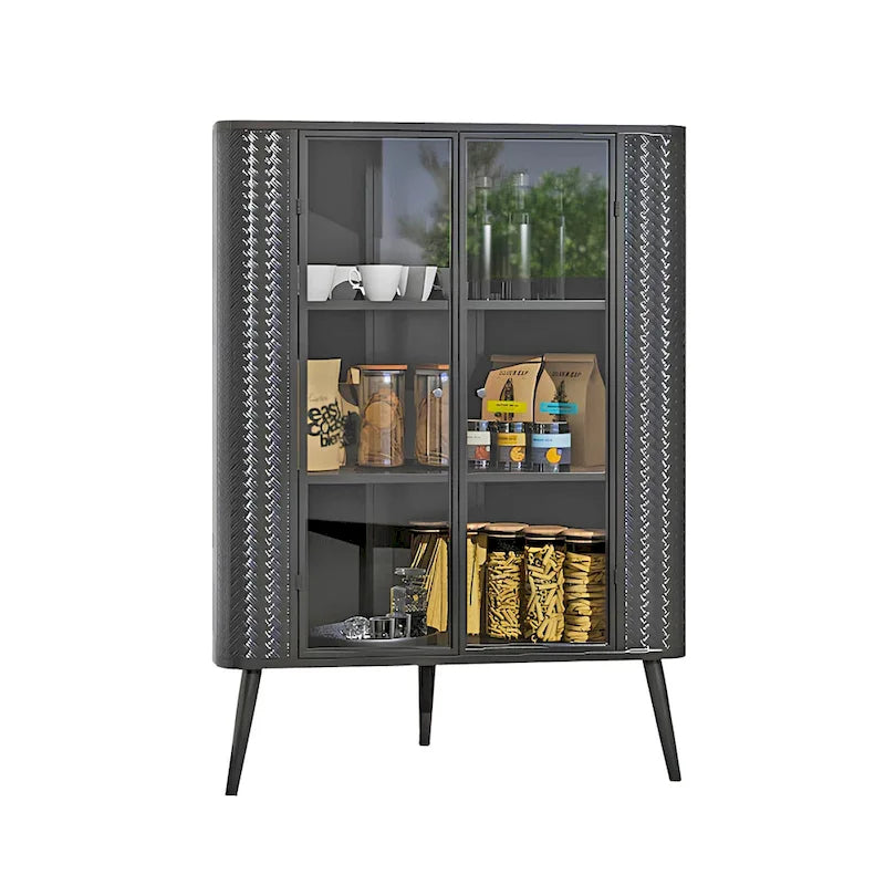 Credenza angolare a 3 ripiani Antique Black, struttura in metallo e ante in vetro, singola