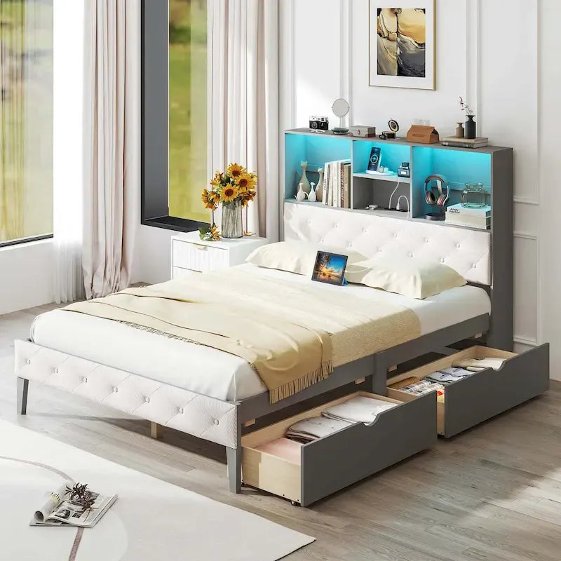 Struttura letto matrimoniale grigia con testiera a libreria, luci LED e contenitore, 1 persona