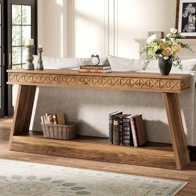 70.8-Inch Extra Long Console Table with Storage Shelf, 2-Tier Farmhouse Entryway Table - 70.87  L x 11.81  W x 31.5  H