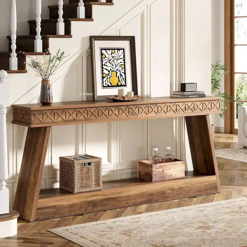 Tavolo Consolle Stretto a 2 Ripiani Marrone Scuro / Nero / Marrone Rustico, Montaggio per 1 Persona, 180 cm Lungh.