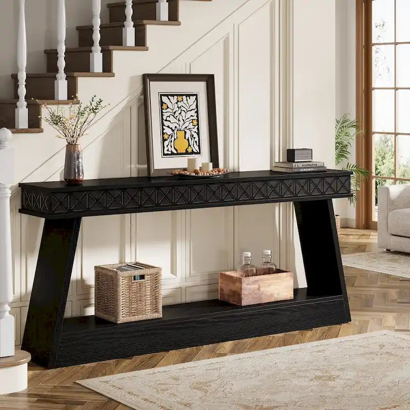 Farmhouse 2-Tier Console Table for Entryway, Living Room, Hallway, Foyer - 70.87  D x 11.81  W x 31.5  H