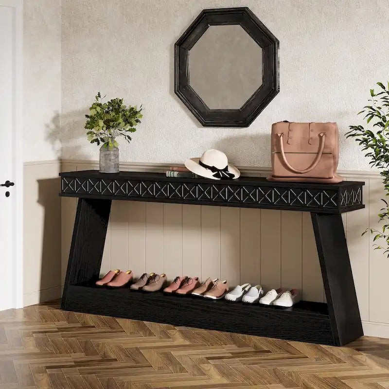 Tavolo Consolle Stretto a 2 Ripiani Marrone Scuro / Nero / Marrone Rustico, Montaggio per 1 Persona, 180 cm Lungh.
