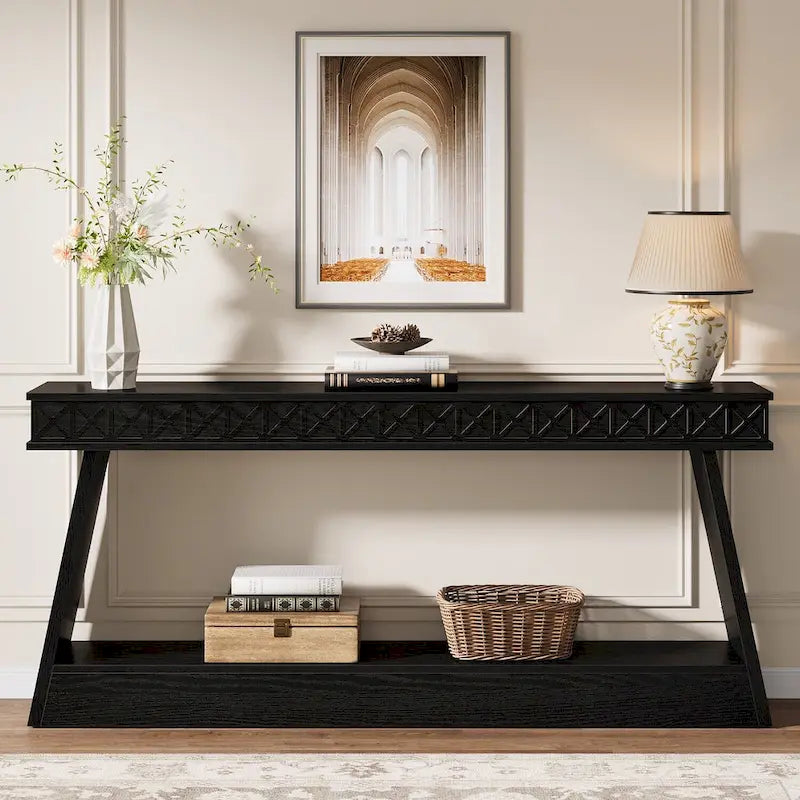 Tavolo Consolle Stretto a 2 Ripiani Marrone Scuro / Nero / Marrone Rustico, Montaggio per 1 Persona, 180 cm Lungh.