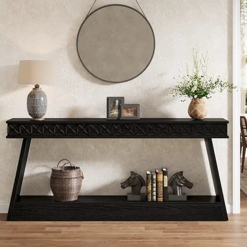 Tavolo Consolle Stretto a 2 Ripiani Marrone Scuro / Nero / Marrone Rustico, Montaggio per 1 Persona, 180 cm Lungh.