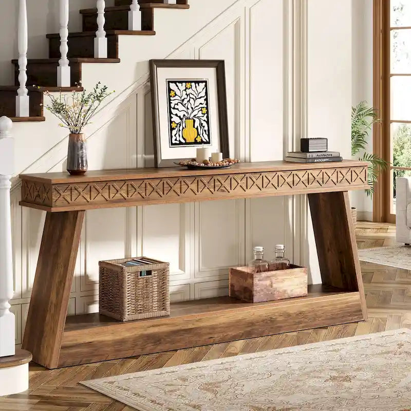 Tavolo Consolle Stretto a 2 Ripiani Marrone Scuro / Nero / Marrone Rustico, Montaggio per 1 Persona, 180 cm Lungh.