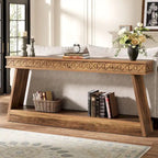 Tavolo Consolle Stretto a 2 Ripiani Marrone Scuro / Nero / Marrone Rustico, Montaggio per 1 Persona, 180 cm Lungh.