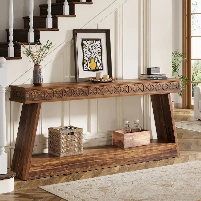 Tavolo Consolle Stretto a 2 Ripiani Marrone Scuro / Nero / Marrone Rustico, Montaggio per 1 Persona, 180 cm Lungh.