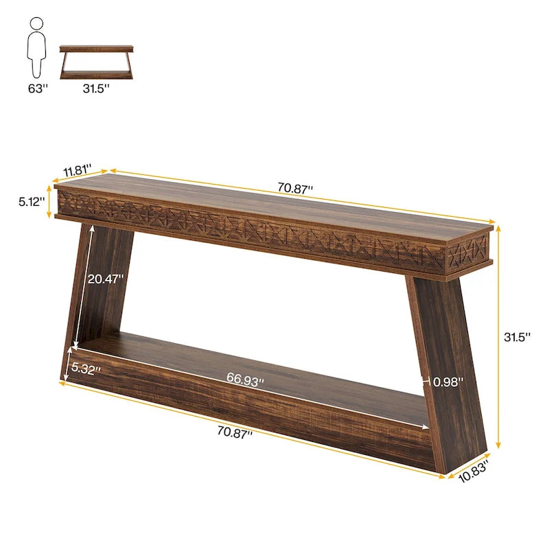 Tavolo Consolle Stretto a 2 Ripiani Marrone Scuro / Nero / Marrone Rustico, Montaggio per 1 Persona, 180 cm Lungh.