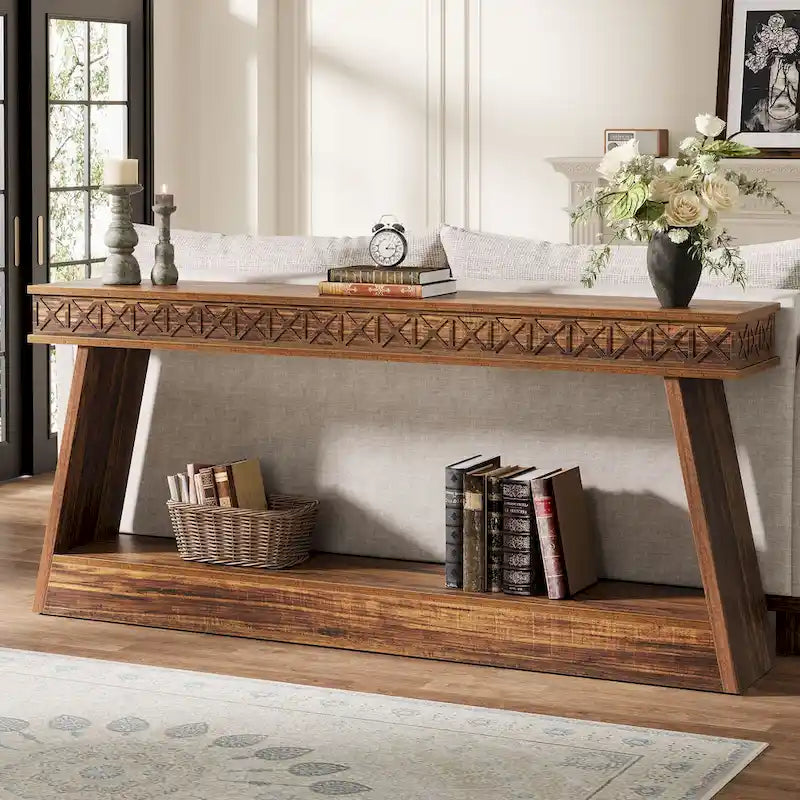 Tavolo Consolle Stretto a 2 Ripiani Marrone Scuro / Nero / Marrone Rustico, Montaggio per 1 Persona, 180 cm Lungh.