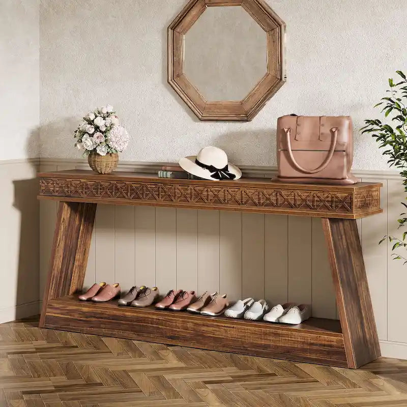 Tavolo Consolle Stretto a 2 Ripiani Marrone Scuro / Nero / Marrone Rustico, Montaggio per 1 Persona, 180 cm Lungh.