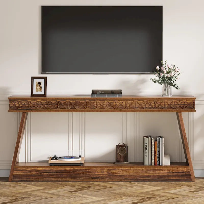 Tavolo Consolle Stretto a 2 Ripiani Marrone Scuro / Nero / Marrone Rustico, Montaggio per 1 Persona, 180 cm Lungh.